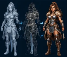 Character image converted into a wireframe and textured 3D model (demo art)