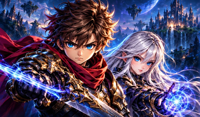 Anime heroes: a red-scarfed swordsman and a silver-haired mage